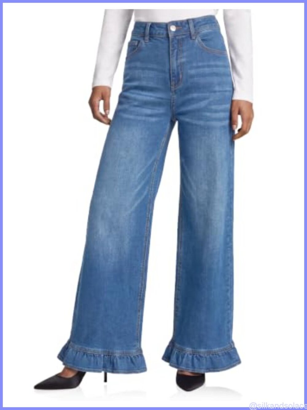 Cicy Bell Womens Ruffle Wide Leg High Waisted Jeans Stretch Denim